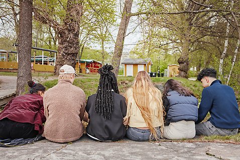 Några ungdomar sitter tillsammans på en gräsyta med ryggarna vända mot kameran.